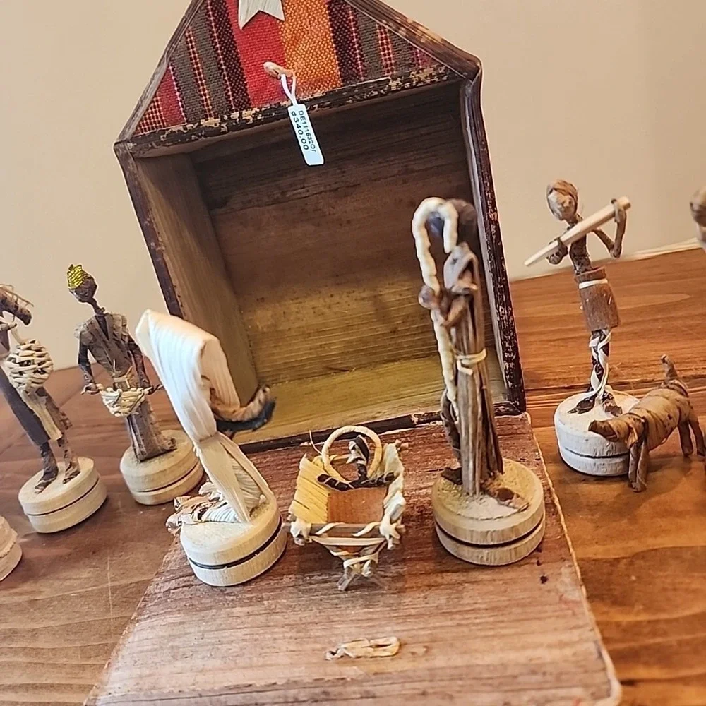 African Christmas Nativity Scene Banana Fiber Wood Unique Holiday Display Tribal
